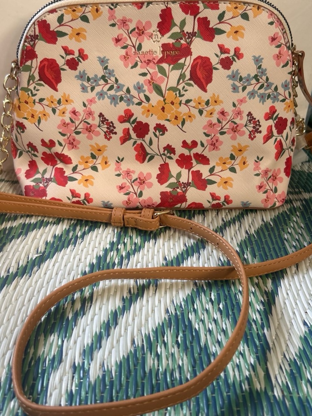 Nanette Lepore Pink Floral Crossbody with Tan Strap NEW without tags 11w7 1/2 de